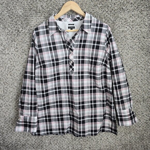 Talbots Top Womens 14 Black Plaid Wrinkle Resistant Popover Blouse Collared - Picture 1 of 7